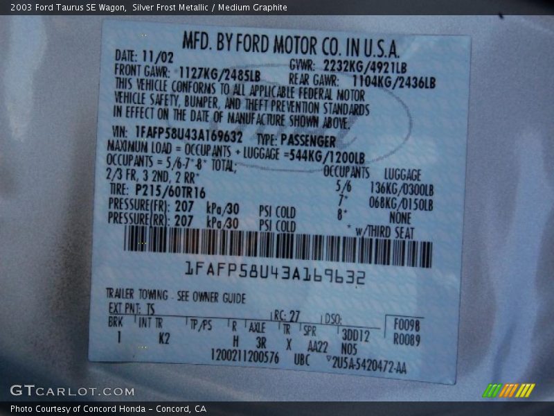 Silver Frost Metallic / Medium Graphite 2003 Ford Taurus SE Wagon