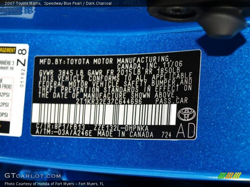 Speedway Blue Pearl / Dark Charcoal 2007 Toyota Matrix