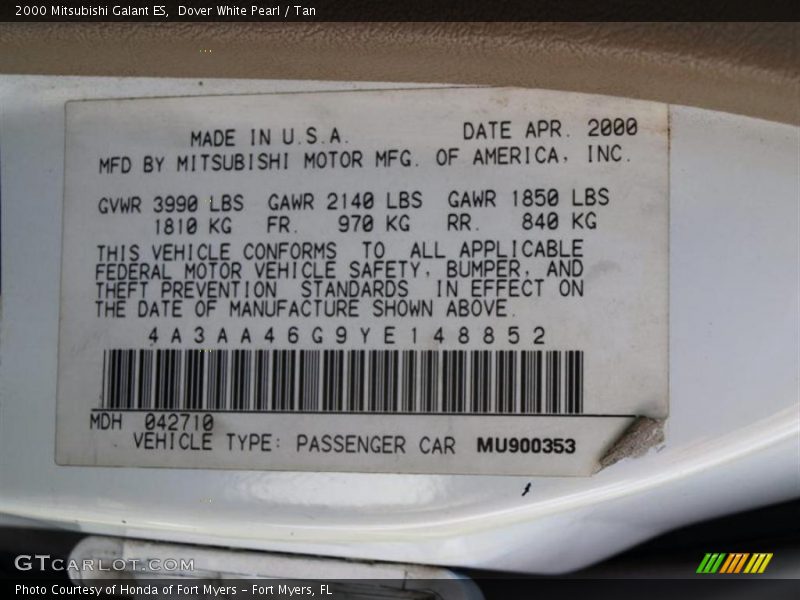 Dover White Pearl / Tan 2000 Mitsubishi Galant ES
