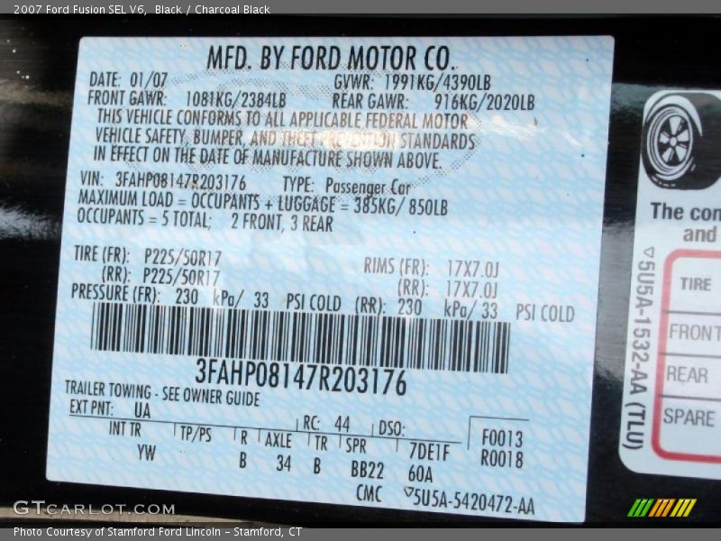Black / Charcoal Black 2007 Ford Fusion SEL V6