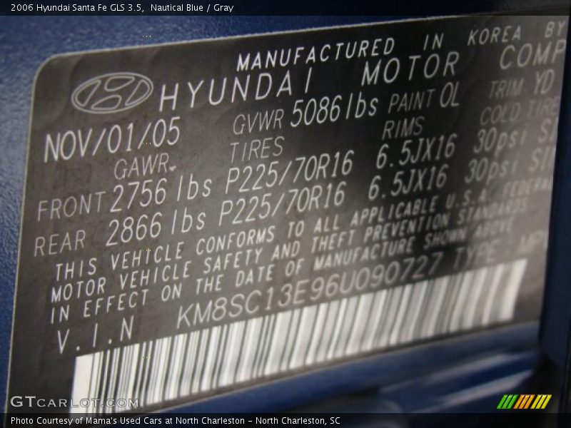 Nautical Blue / Gray 2006 Hyundai Santa Fe GLS 3.5