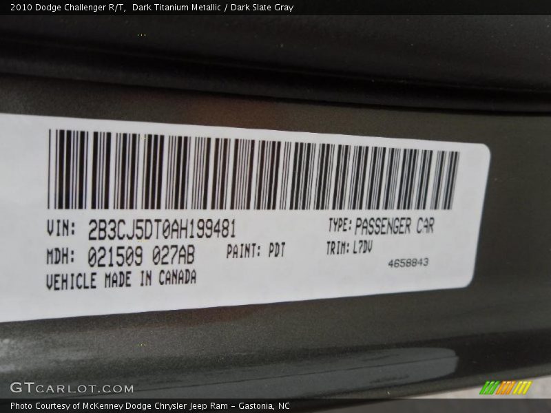 2010 Challenger R/T Dark Titanium Metallic Color Code PDT