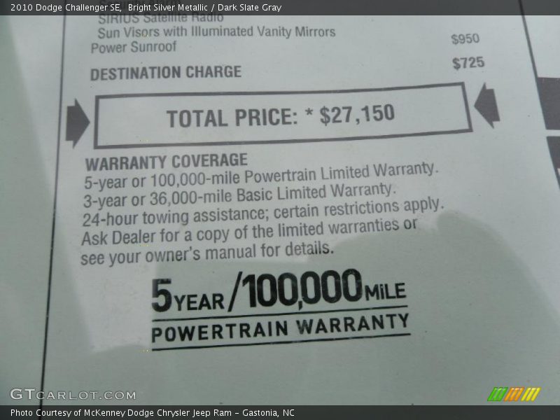 Bright Silver Metallic / Dark Slate Gray 2010 Dodge Challenger SE