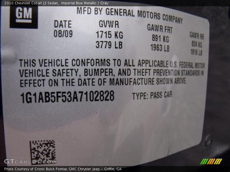Imperial Blue Metallic / Gray 2010 Chevrolet Cobalt LS Sedan