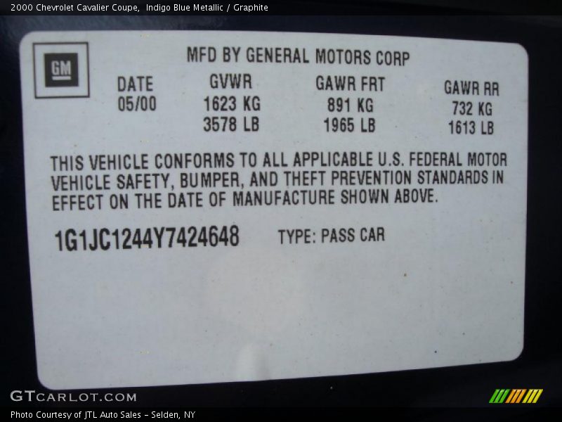 Indigo Blue Metallic / Graphite 2000 Chevrolet Cavalier Coupe