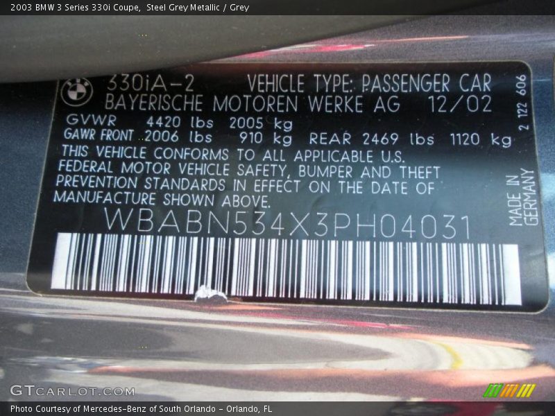 Steel Grey Metallic / Grey 2003 BMW 3 Series 330i Coupe