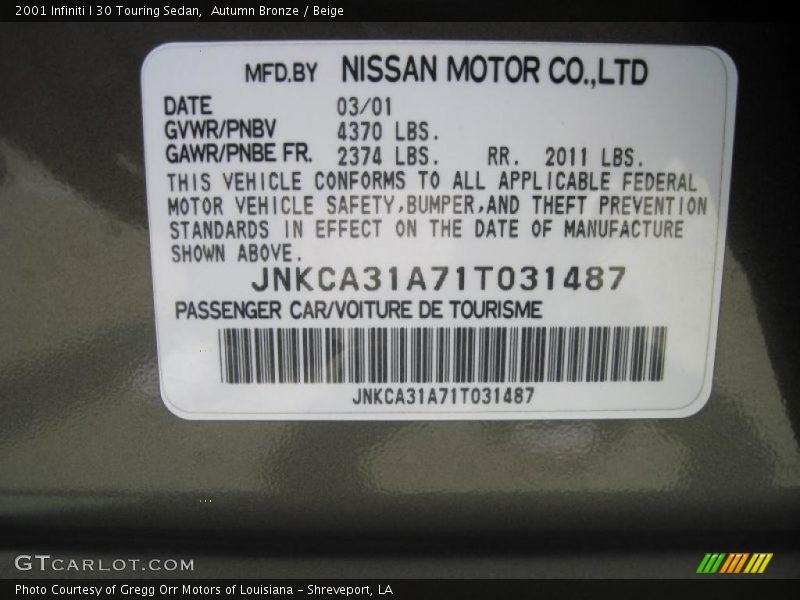 Autumn Bronze / Beige 2001 Infiniti I 30 Touring Sedan