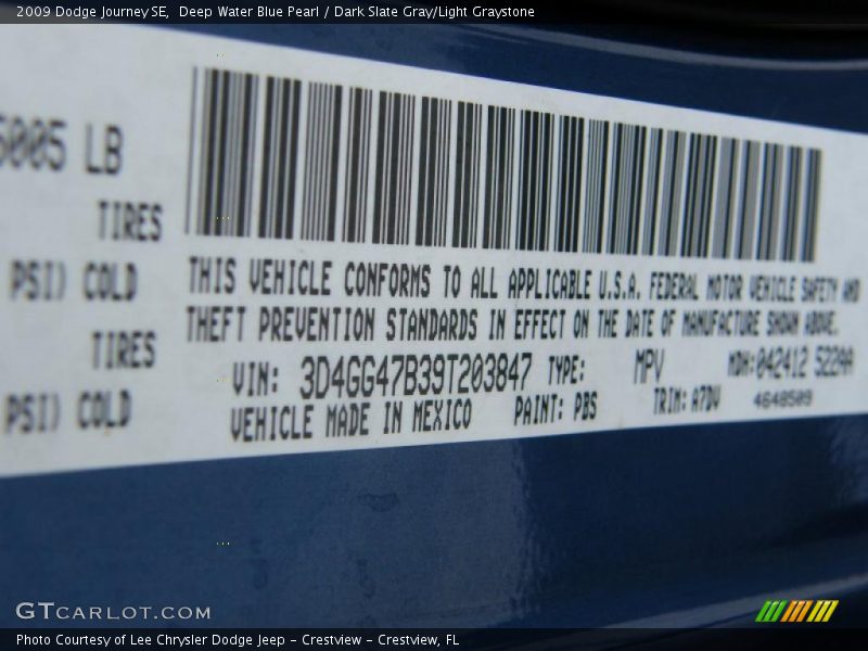 Deep Water Blue Pearl / Dark Slate Gray/Light Graystone 2009 Dodge Journey SE