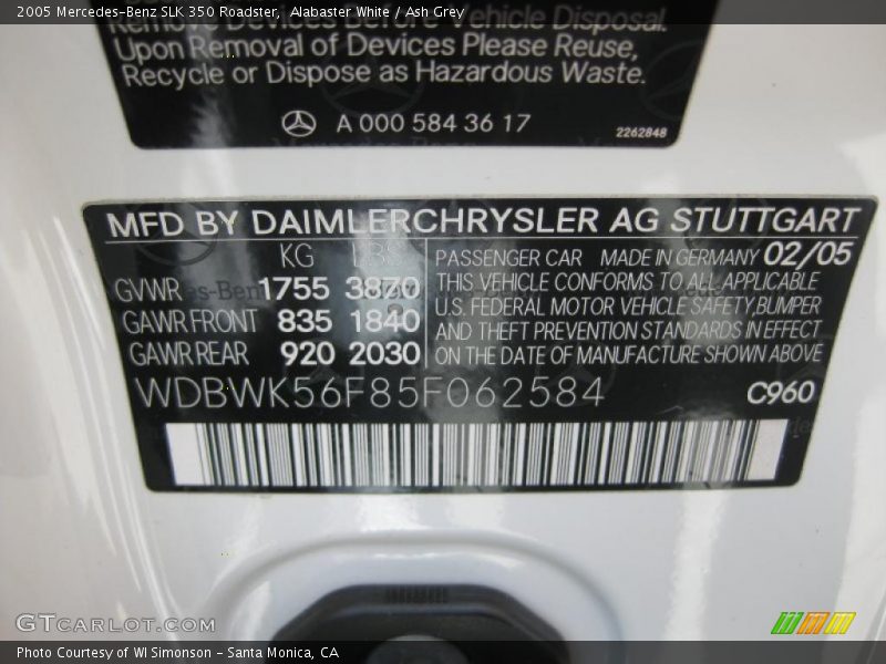 Alabaster White / Ash Grey 2005 Mercedes-Benz SLK 350 Roadster