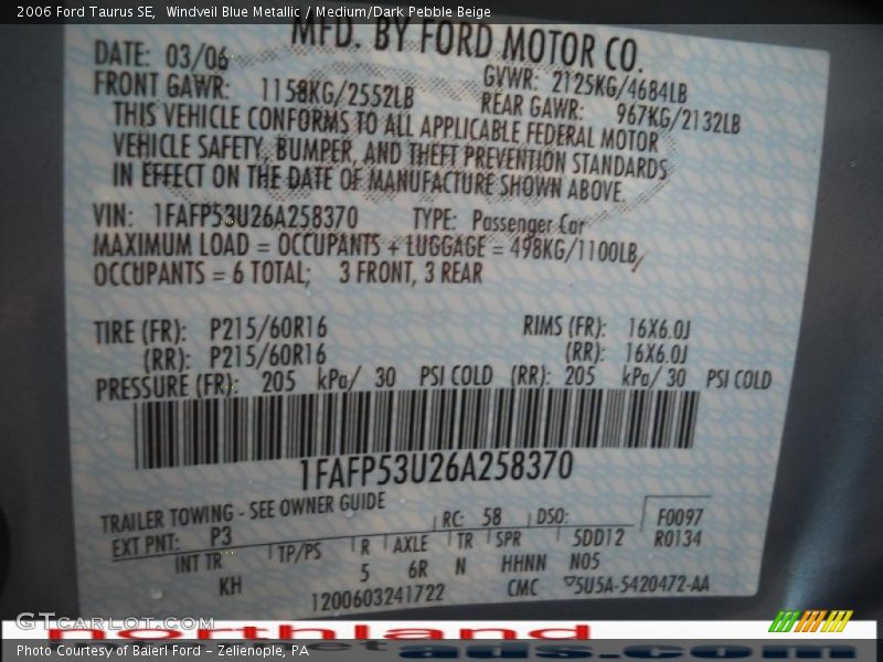 Windveil Blue Metallic / Medium/Dark Pebble Beige 2006 Ford Taurus SE