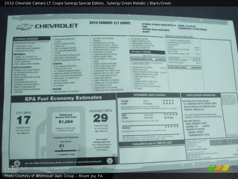 Synergy Green Metallic / Black/Green 2010 Chevrolet Camaro LT Coupe Synergy Special Edition