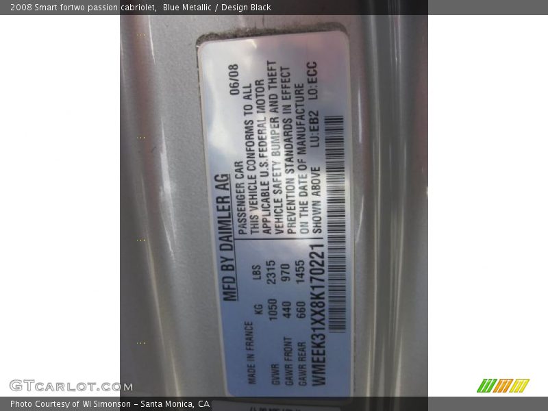 Blue Metallic / Design Black 2008 Smart fortwo passion cabriolet
