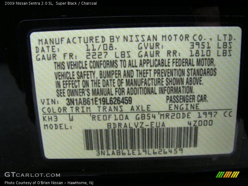 Super Black / Charcoal 2009 Nissan Sentra 2.0 SL
