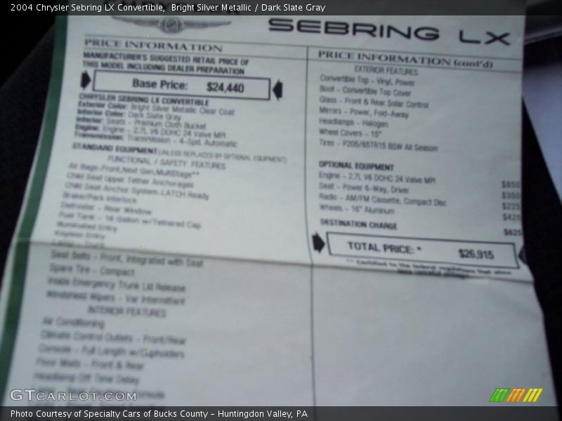 Bright Silver Metallic / Dark Slate Gray 2004 Chrysler Sebring LX Convertible