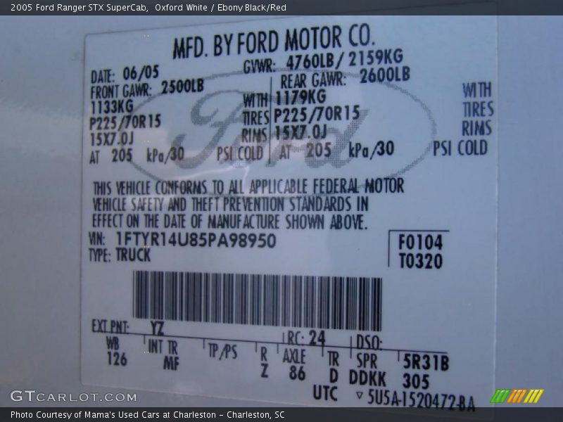 Oxford White / Ebony Black/Red 2005 Ford Ranger STX SuperCab