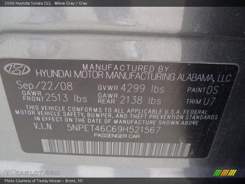 Willow Gray / Gray 2009 Hyundai Sonata GLS