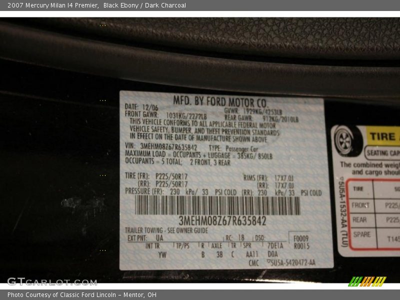 Black Ebony / Dark Charcoal 2007 Mercury Milan I4 Premier