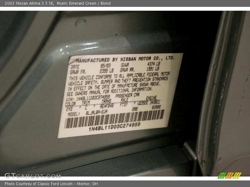 Mystic Emerald Green / Blond 2003 Nissan Altima 3.5 SE