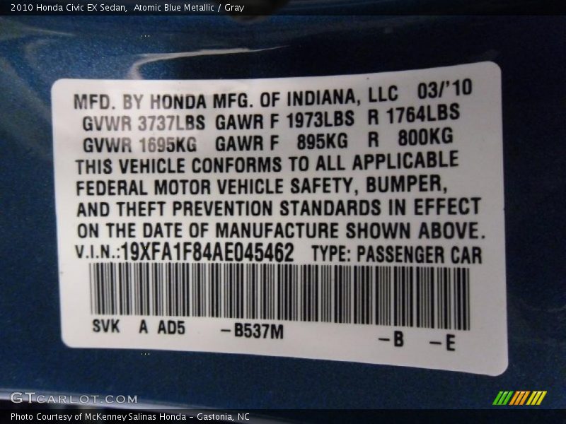 Atomic Blue Metallic / Gray 2010 Honda Civic EX Sedan