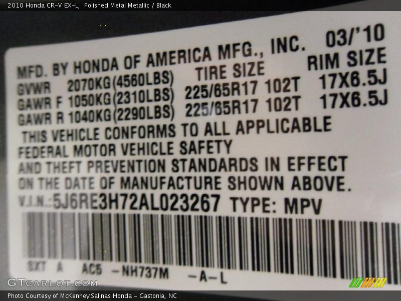Polished Metal Metallic / Black 2010 Honda CR-V EX-L