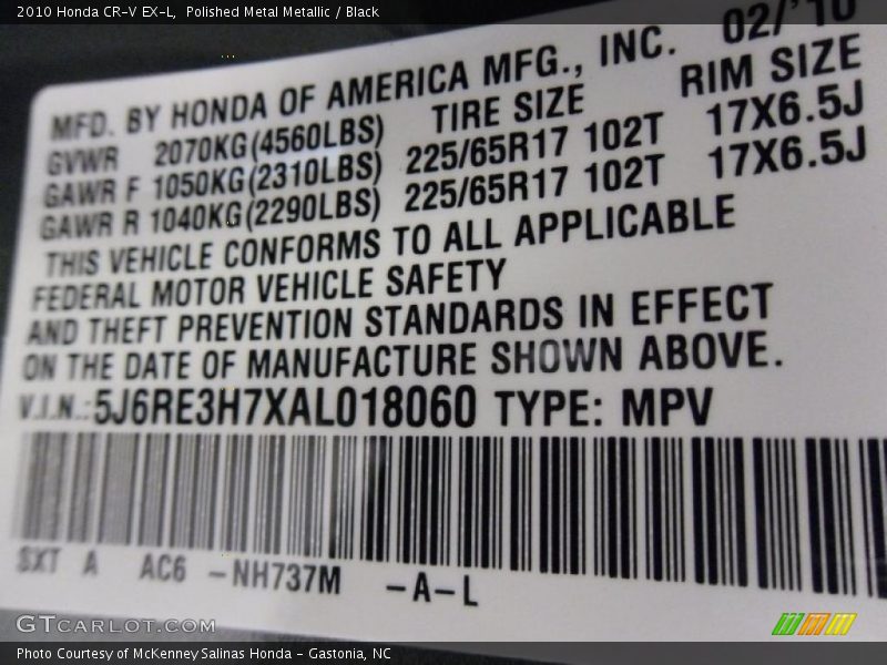 Polished Metal Metallic / Black 2010 Honda CR-V EX-L
