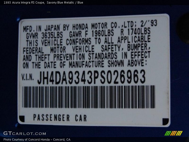 Saxony Blue Metallic / Blue 1993 Acura Integra RS Coupe