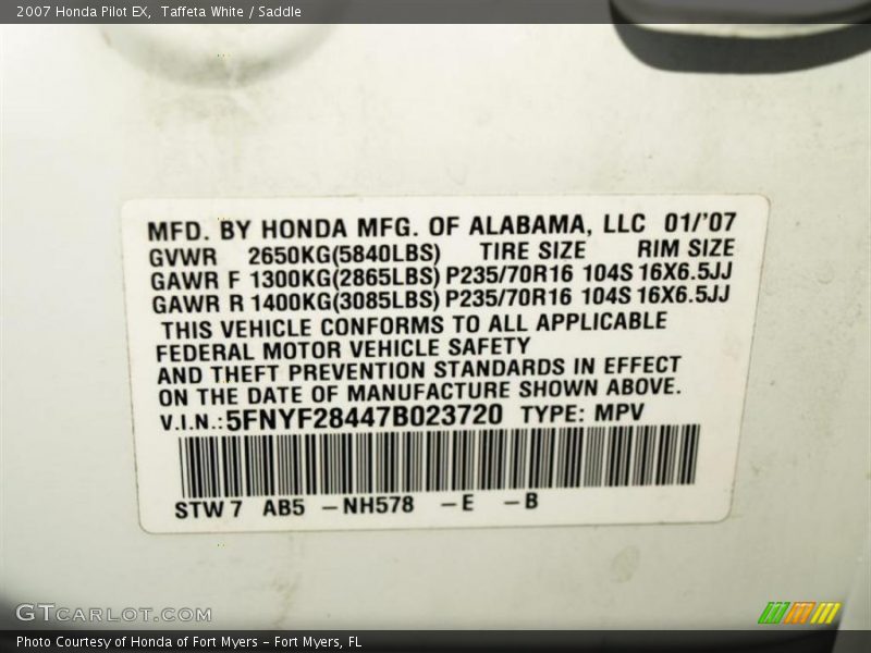 Taffeta White / Saddle 2007 Honda Pilot EX