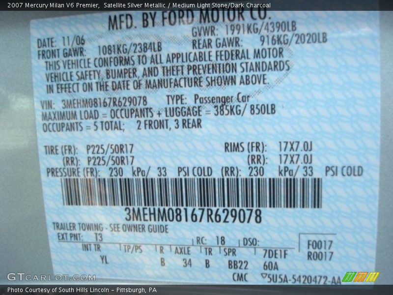 Satellite Silver Metallic / Medium Light Stone/Dark Charcoal 2007 Mercury Milan V6 Premier