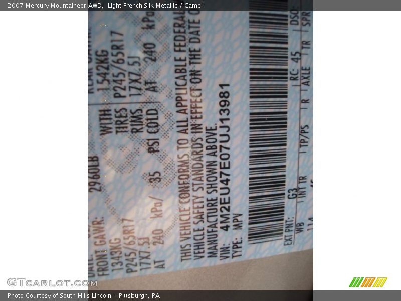 Light French Silk Metallic / Camel 2007 Mercury Mountaineer AWD