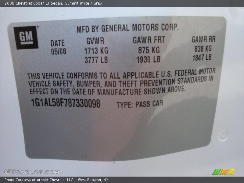 Summit White / Gray 2008 Chevrolet Cobalt LT Sedan