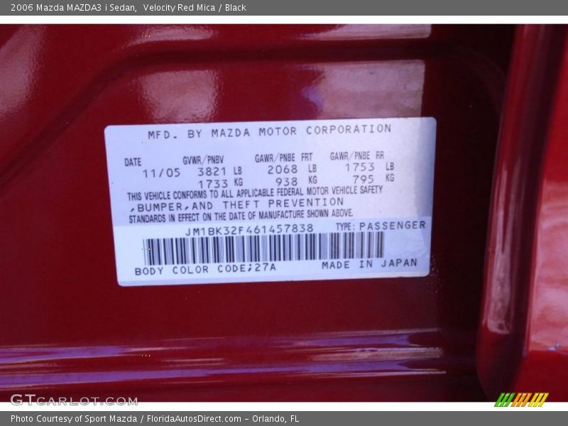 Velocity Red Mica / Black 2006 Mazda MAZDA3 i Sedan