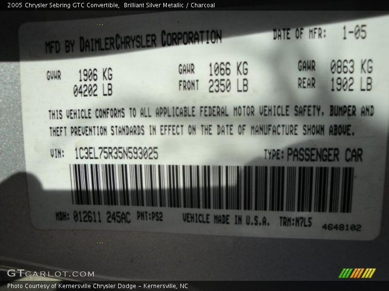 Brilliant Silver Metallic / Charcoal 2005 Chrysler Sebring GTC Convertible