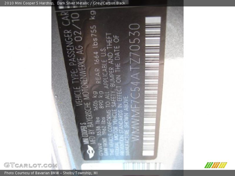 Dark Silver Metallic / Grey/Carbon Black 2010 Mini Cooper S Hardtop