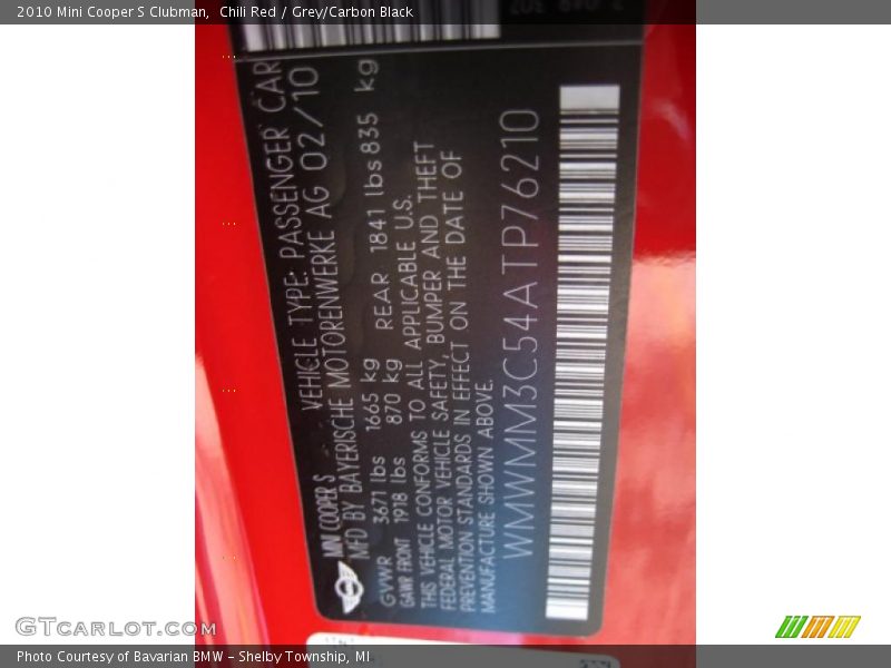 Chili Red / Grey/Carbon Black 2010 Mini Cooper S Clubman
