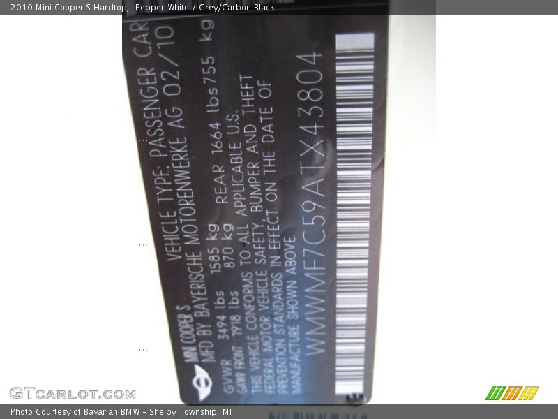 Pepper White / Grey/Carbon Black 2010 Mini Cooper S Hardtop