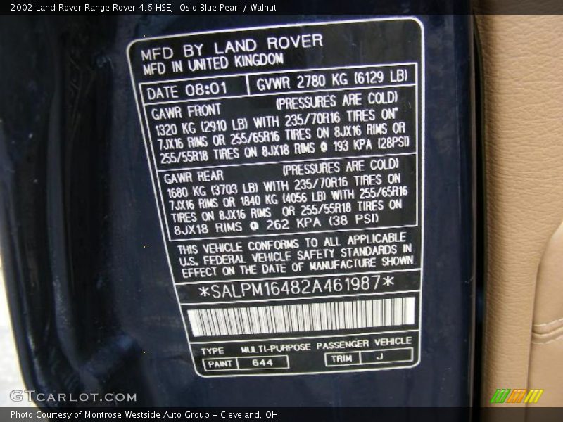 Oslo Blue Pearl / Walnut 2002 Land Rover Range Rover 4.6 HSE