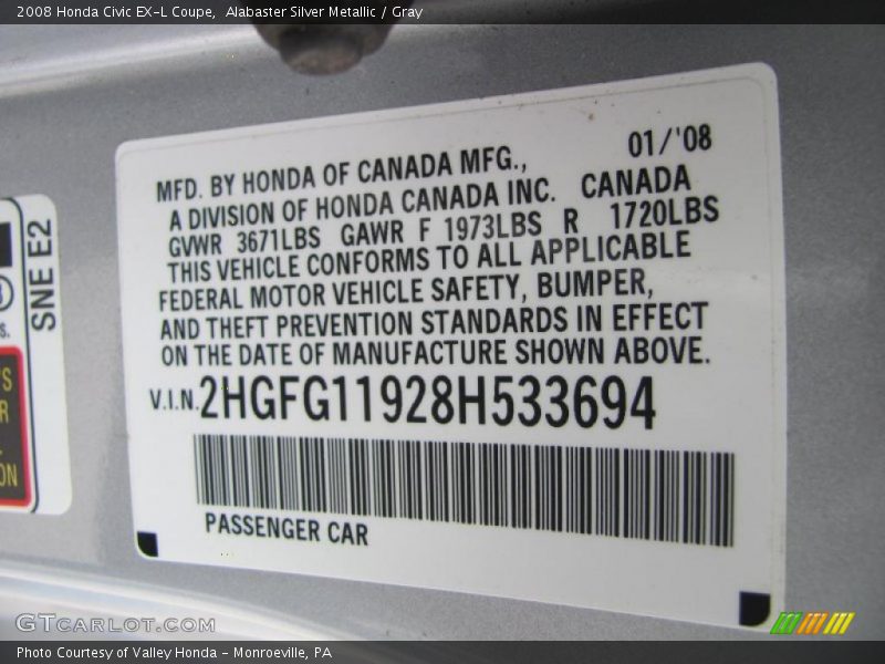 Alabaster Silver Metallic / Gray 2008 Honda Civic EX-L Coupe