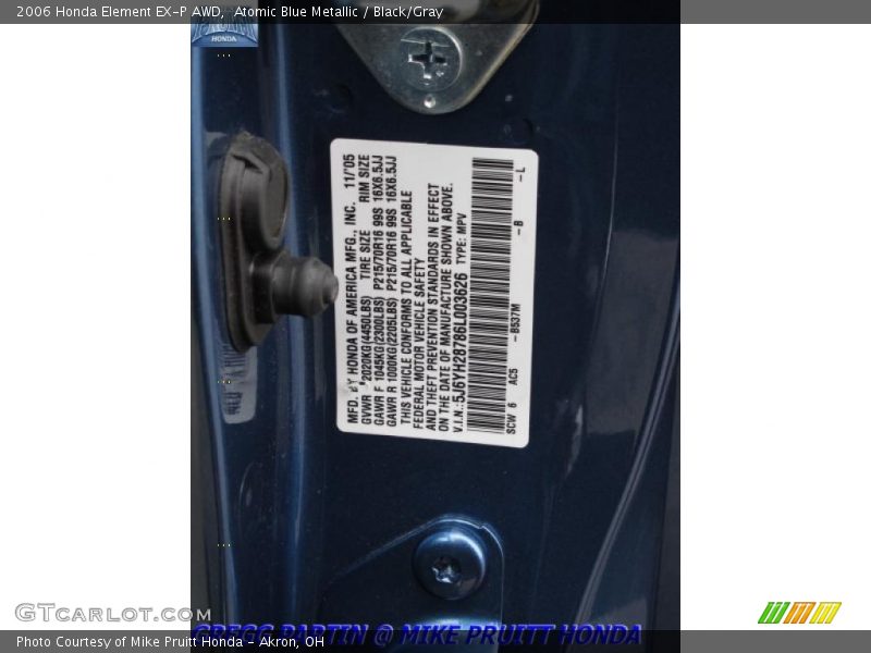Atomic Blue Metallic / Black/Gray 2006 Honda Element EX-P AWD