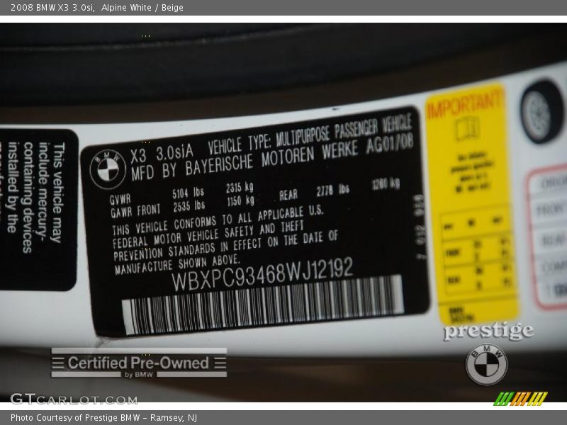 Alpine White / Beige 2008 BMW X3 3.0si