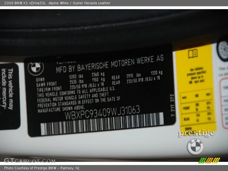 Alpine White / Oyster Nevada Leather 2009 BMW X3 xDrive30i