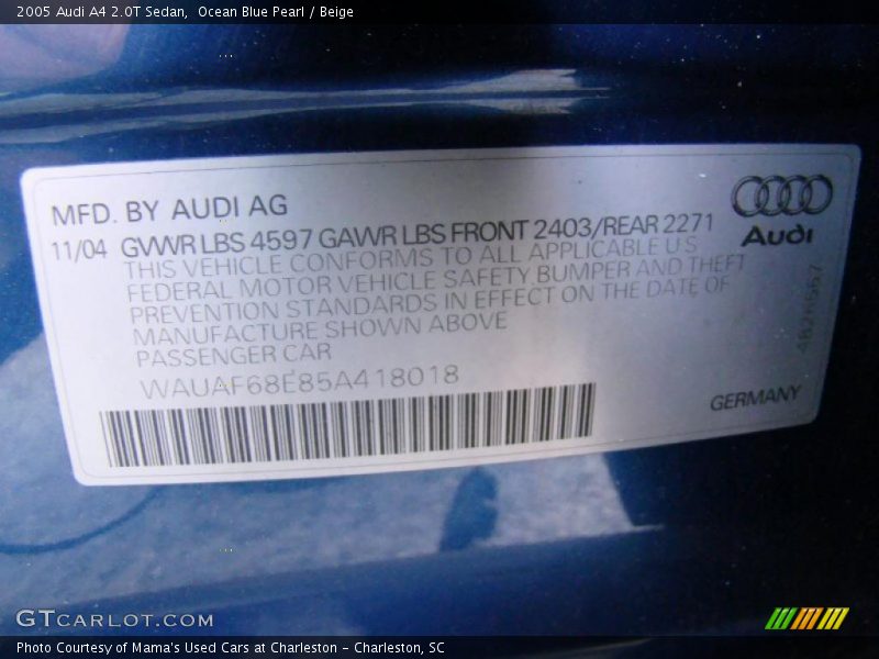 Ocean Blue Pearl / Beige 2005 Audi A4 2.0T Sedan