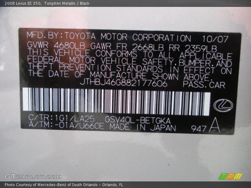 Tungsten Metallic / Black 2008 Lexus ES 350
