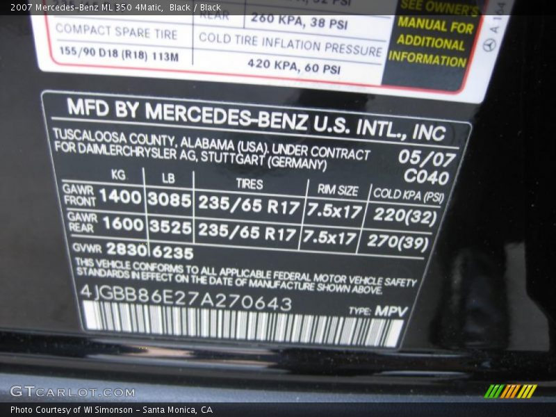 Black / Black 2007 Mercedes-Benz ML 350 4Matic