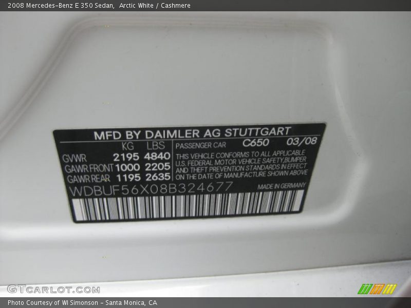 Arctic White / Cashmere 2008 Mercedes-Benz E 350 Sedan