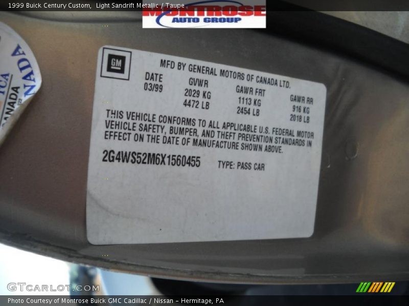 Light Sandrift Metallic / Taupe 1999 Buick Century Custom