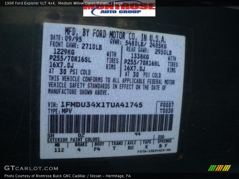 Medium Willow Green Metallic / Beige 1996 Ford Explorer XLT 4x4
