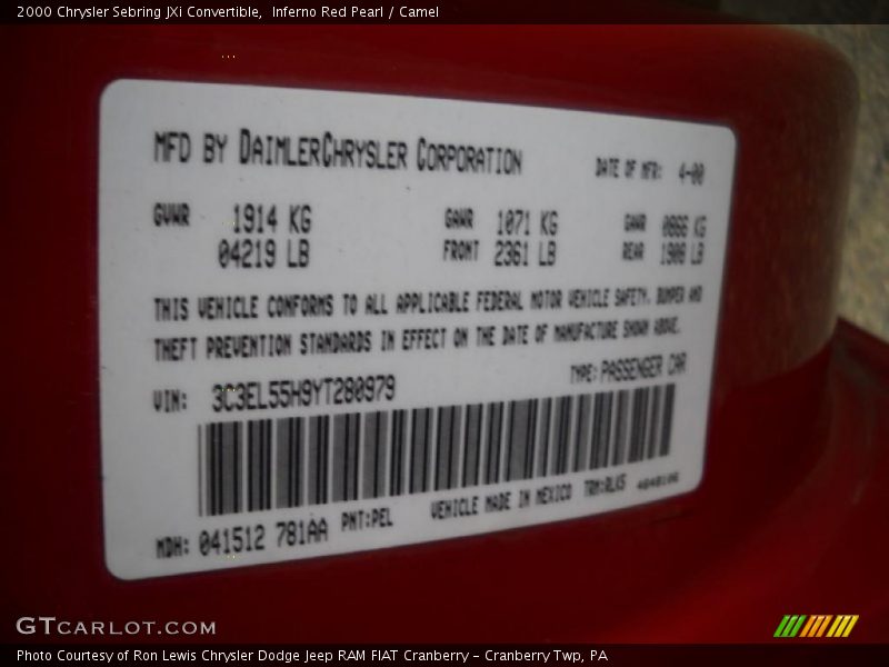 Inferno Red Pearl / Camel 2000 Chrysler Sebring JXi Convertible