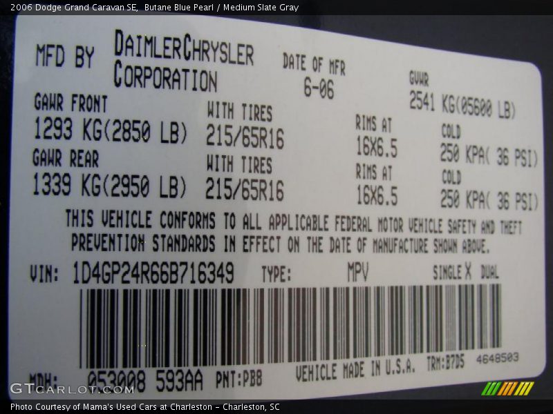 Butane Blue Pearl / Medium Slate Gray 2006 Dodge Grand Caravan SE