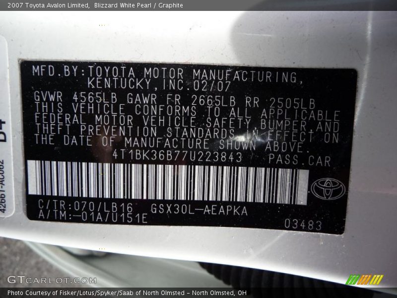 Blizzard White Pearl / Graphite 2007 Toyota Avalon Limited