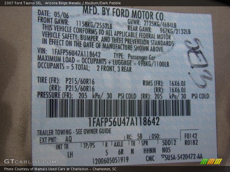 Arizona Beige Metallic / Medium/Dark Pebble 2007 Ford Taurus SEL
